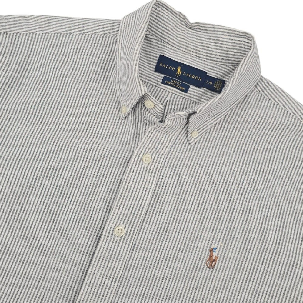 Polo Ralph Lauren Mens Large Slim Fit Stretch Oxford Grey White Flesh Pony Shirt